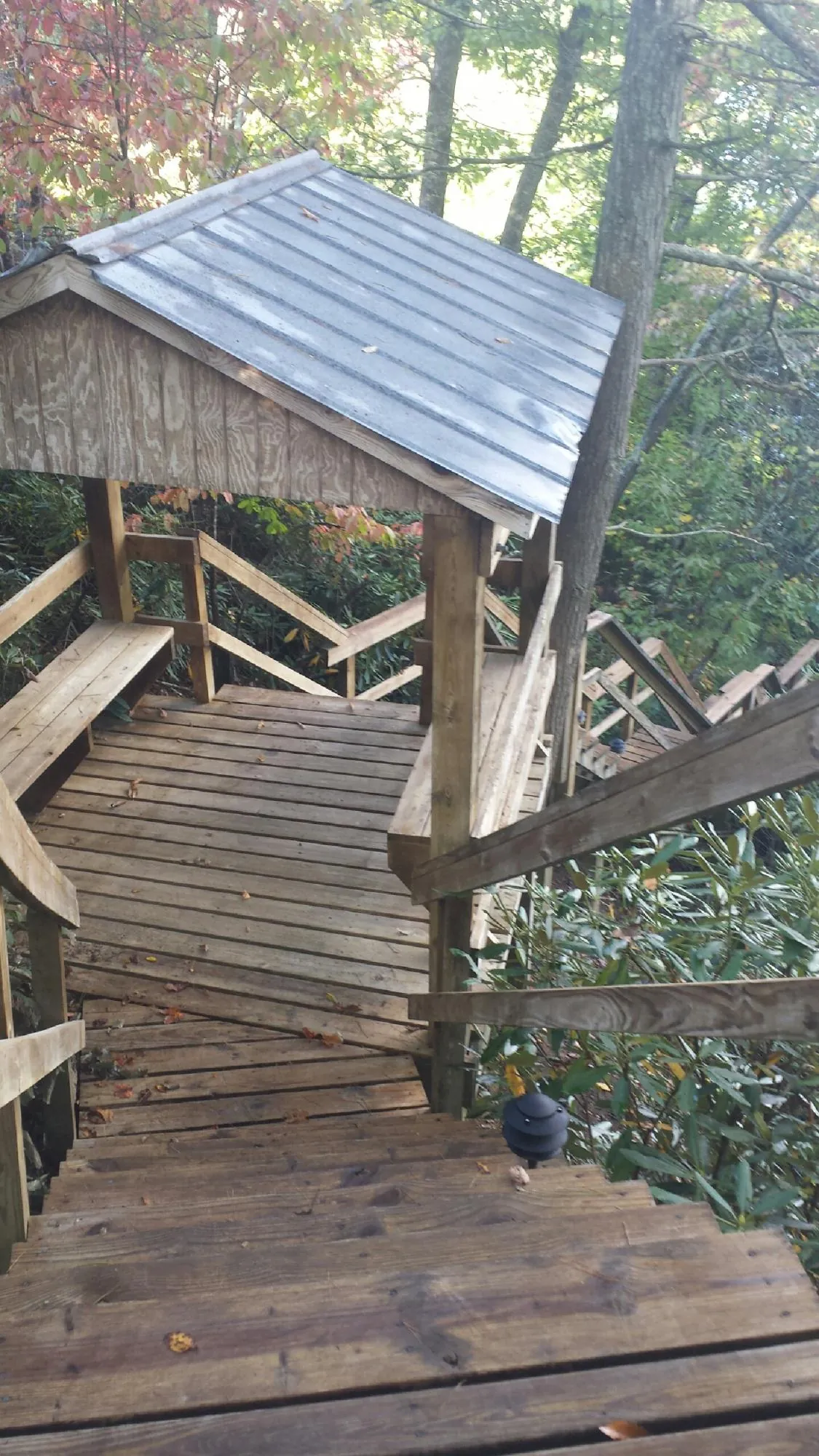 Metal roofed shelter over wooden steps on a wooded walkway — Skylight Repair & Installation work by our crew in West Alexandria